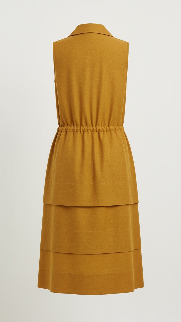 Deep Yellow Sleeveless Shirtdress with a Drawstring Waist
