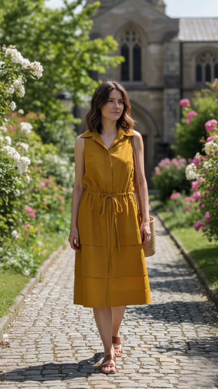 Deep Yellow Sleeveless Shirtdress with a Drawstring Waist