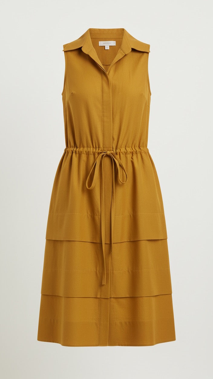 Deep Yellow Sleeveless Shirtdress with a Drawstring Waist