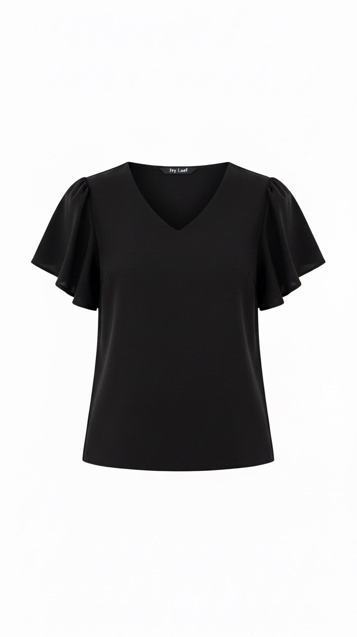 Black Flutter Sleeve Blouse